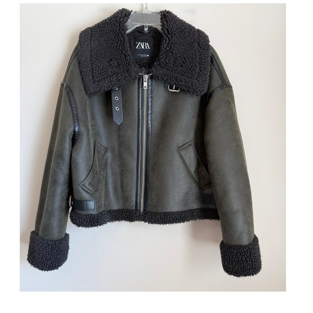ZARA Faux Suede Aviator Coat Sherpa Jacket Womens M Green Brown High Neck